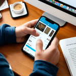 A person thoughtfully evaluating their digital consumption on a smartphone, possibly using a screen time tracking app. Include elements like a cluttered desk with a book nearby to contrast digital vs. analog activities.