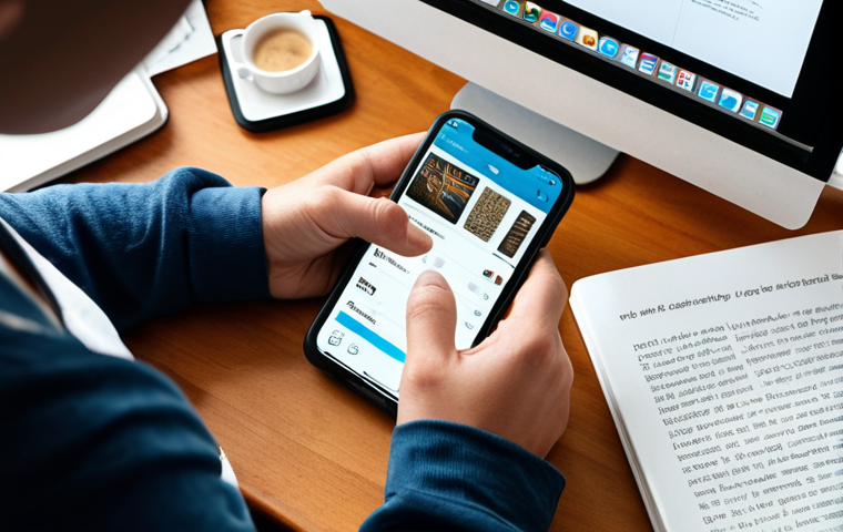 A person thoughtfully evaluating their digital consumption on a smartphone, possibly using a screen time tracking app. Include elements like a cluttered desk with a book nearby to contrast digital vs. analog activities.