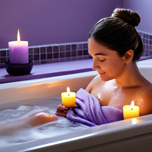 Home 19 **Prompt:** A woman enjoying a warm bath with lavender essential oils, fully clothed in a modest spa wrap, bathroom background with soft lighting, candles, safe for work, appropriate content, perfect anatomy, natural proportions, professional, family-friendly.