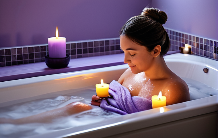 **Prompt:** A woman enjoying a warm bath with lavender essential oils, fully clothed in a modest spa wrap, bathroom background with soft lighting, candles, safe for work, appropriate content, perfect anatomy, natural proportions, professional, family-friendly.