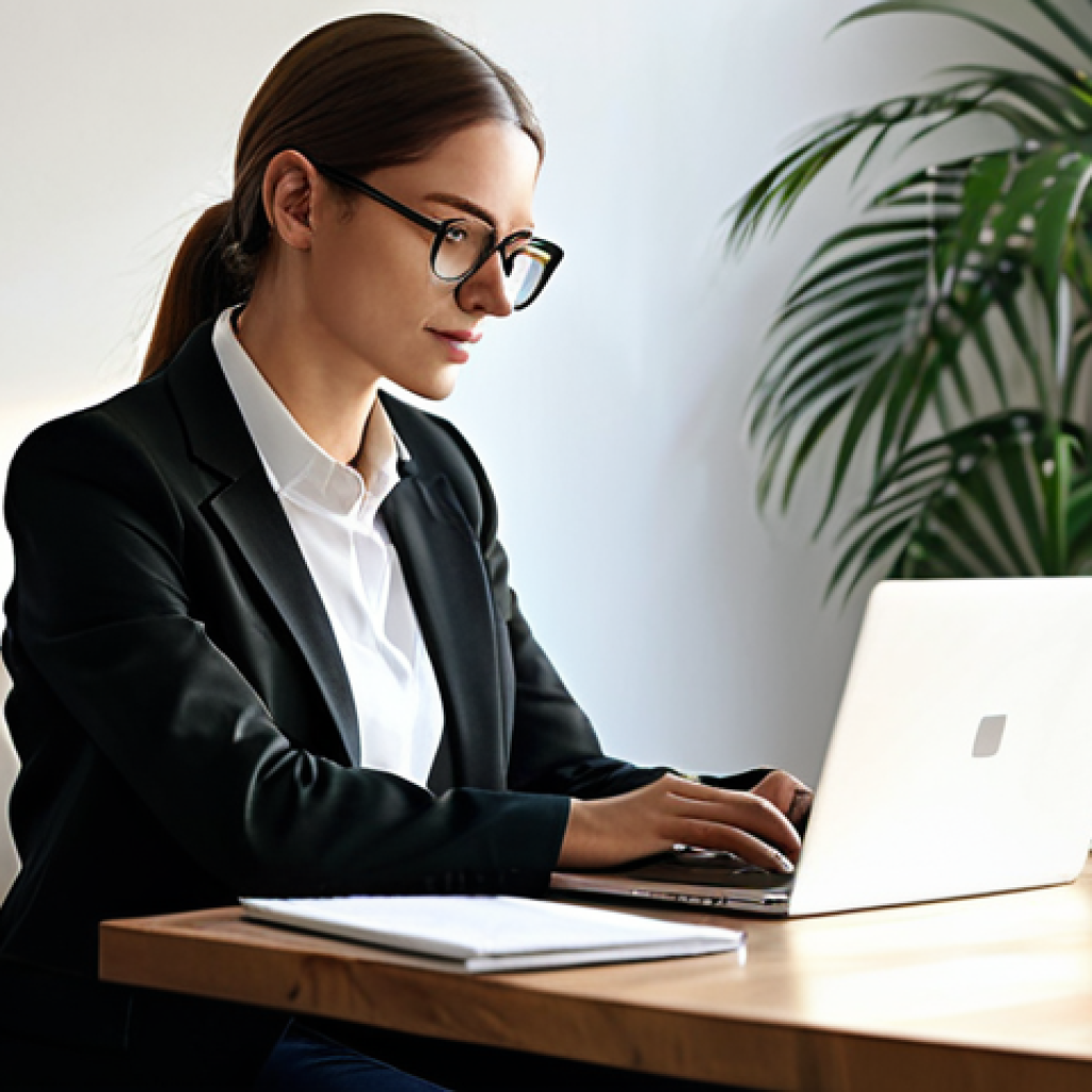 디지털디톡스와 업무 효율성 향상 - Focused Work, Calm Environment**

A professional woman in a modest, stylish business casual outfit, ...