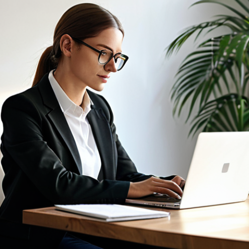 Home 18 디지털디톡스와 업무 효율성 향상 - Focused Work, Calm Environment**
A professional woman in a modest, stylish business casual outfit, ...