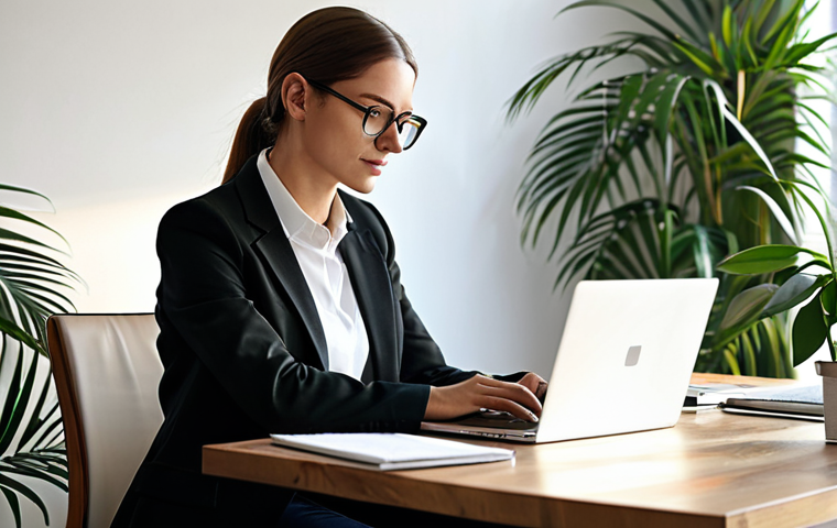 디지털디톡스와 업무 효율성 향상 - Focused Work, Calm Environment**
A professional woman in a modest, stylish business casual outfit, ...