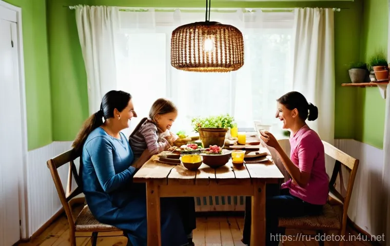 디지털디톡스 운동과의 결합 - **Prompt:** A heartwarming scene of a Russian family enjoying a relaxed dinner together at a rustic ...