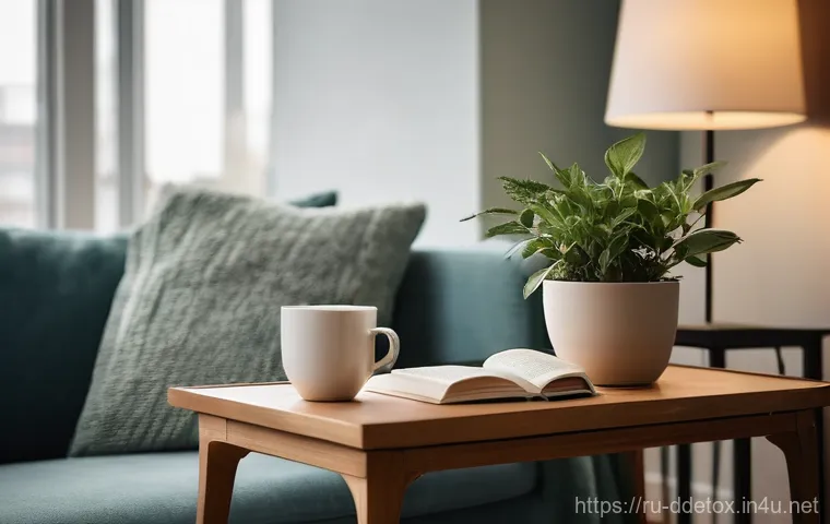 디지털디톡스와 실내 환경의 중요성 - **Prompt 1: Serene Evening Digital Detox**
"A cozy and warmly lit living room in a modern city a...