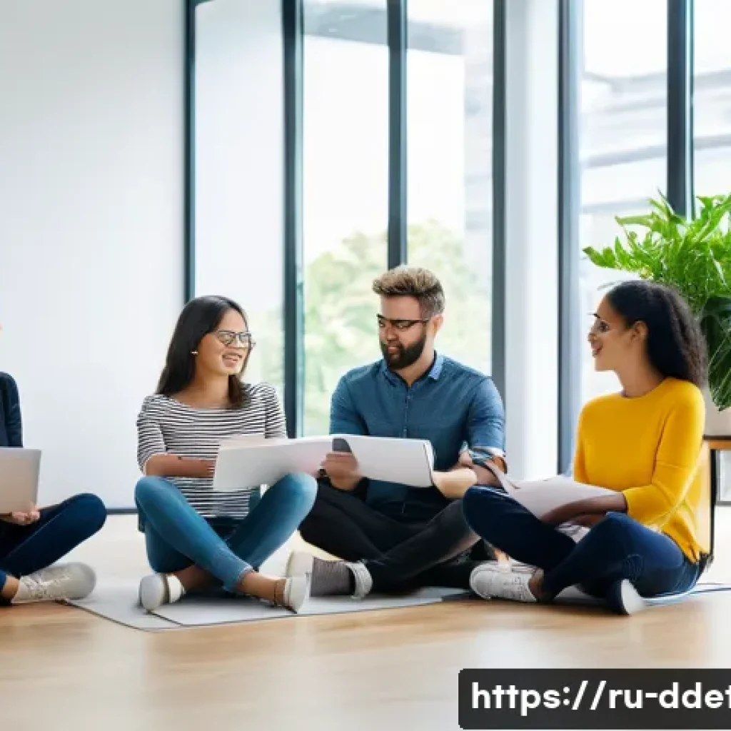 디지털디톡스와 직장 내 효율성 - A modern office scene showing a diverse group of young professionals taking a digital break together...