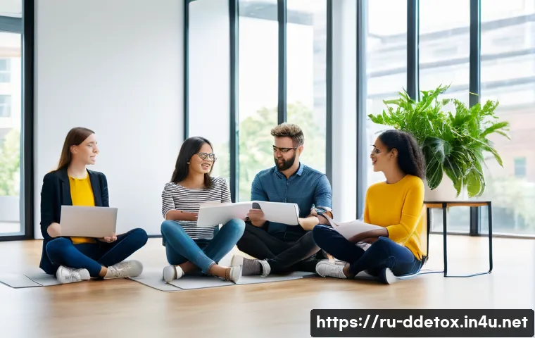 디지털디톡스와 직장 내 효율성 - A modern office scene showing a diverse group of young professionals taking a digital break together...