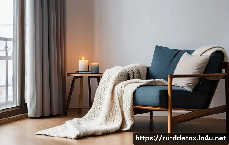 디지털디톡스와 마인드풀니스 실천법 - A cozy reading nook in a modern Russian apartment, featuring a comfortable armchair draped with a so...