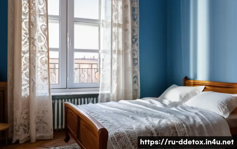 디지털디톡스와 마음의 여유 찾기 - A serene bedroom scene in a cozy Russian apartment, evening light filtering softly through lace curt...
