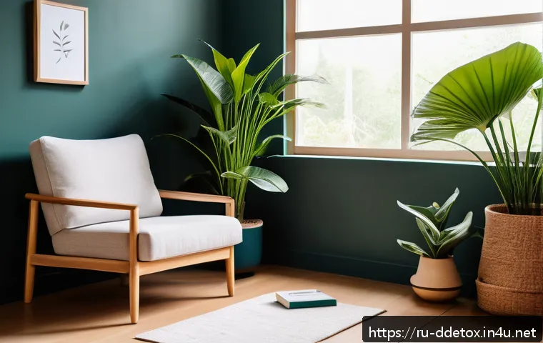디지털디톡스와 여행 - A cozy, serene indoor corner designed for digital detox: soft warm lighting, a comfortable armchair ...