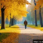 디지털디톡스와 환경적 요인 - A serene park scene in early autumn in a Russian city, featuring a middle-aged man taking a peaceful...