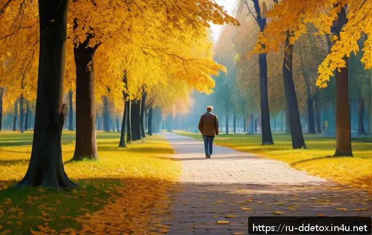 디지털디톡스와 환경적 요인 - A serene park scene in early autumn in a Russian city, featuring a middle-aged man taking a peaceful...