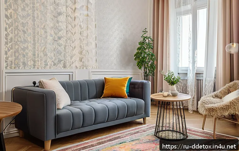 디지털디톡스와 휴대폰 사용 제한 - A cozy modern Russian living room scene showing a young adult sitting on a sofa with a smartphone, s...