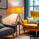 디지털디톡스와 미디어 영향 분석 - A cozy modern living room scene during evening hours, featuring a young adult sitting comfortably in...