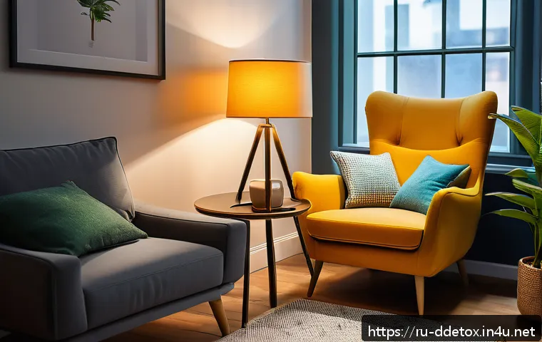 디지털디톡스와 미디어 영향 분석 - A cozy modern living room scene during evening hours, featuring a young adult sitting comfortably in...