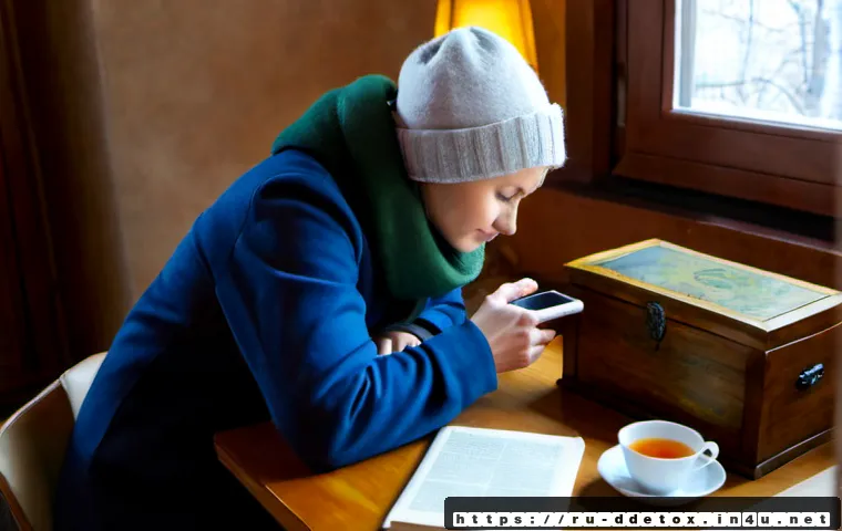 Home 17 디지털디톡스와 디지털 디톡스 앱 사용 - Photorealistic cozy Moscow apartment in winter, Russian middle-aged woman placing her smartphone fac...