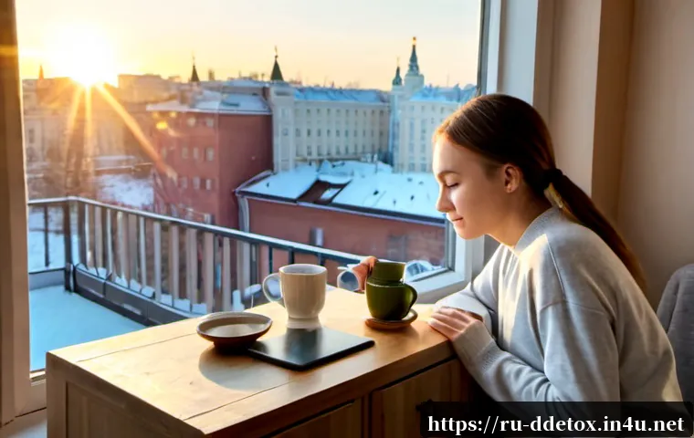 디지털디톡스와 우울증 예방 - Photorealistic morning scene in a cozy Moscow apartment, a calm adult woman in comfortable modest lo...